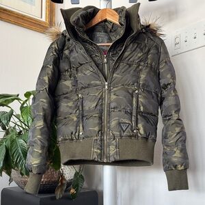Guess y2K 90s Camo Puffer Faux fur Hooded Jacket/Coat Sz S Goose down Green